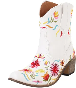 SACFOF Women's Ankle Boots Retro Mid Calf Square Toe Chunky Mid Heel Embroidered Western Cowgirl Cowboy Boots