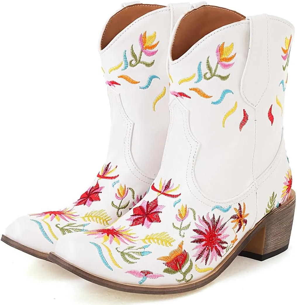SACFOF Women's Ankle Boots Retro Mid Calf Square Toe Chunky Mid Heel Embroidered Western Cowgirl Cowboy Boots