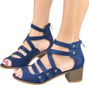 SACFOF Women's Cutout Peep Toe Stacked Heeled Sandals Chunky Block Back Zipper Faux Suede Pumps Dress Party Booties