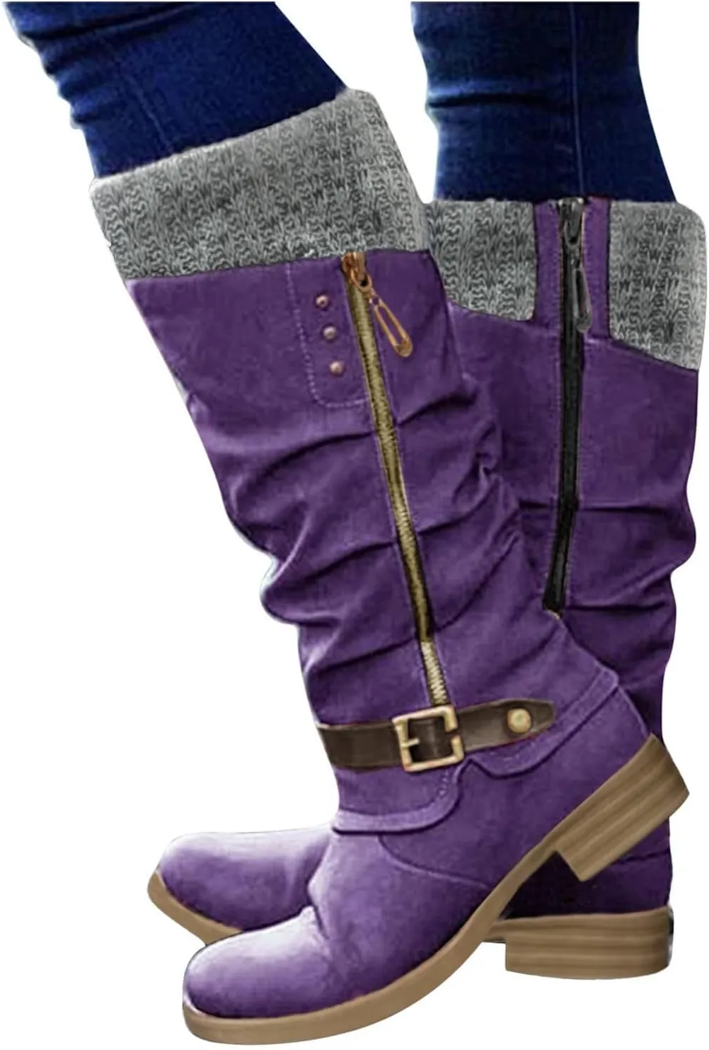 SACFOF Women's Knee High Boots Comfort Winter Knee High Cowboy Riding Boots Side Zipper Chunky Heel Buckle Calf Booties