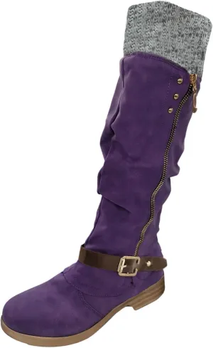 SACFOF Women's Knee High Boots Comfort Winter Knee High Cowboy Riding Boots Side Zipper Chunky Heel Buckle Calf Booties