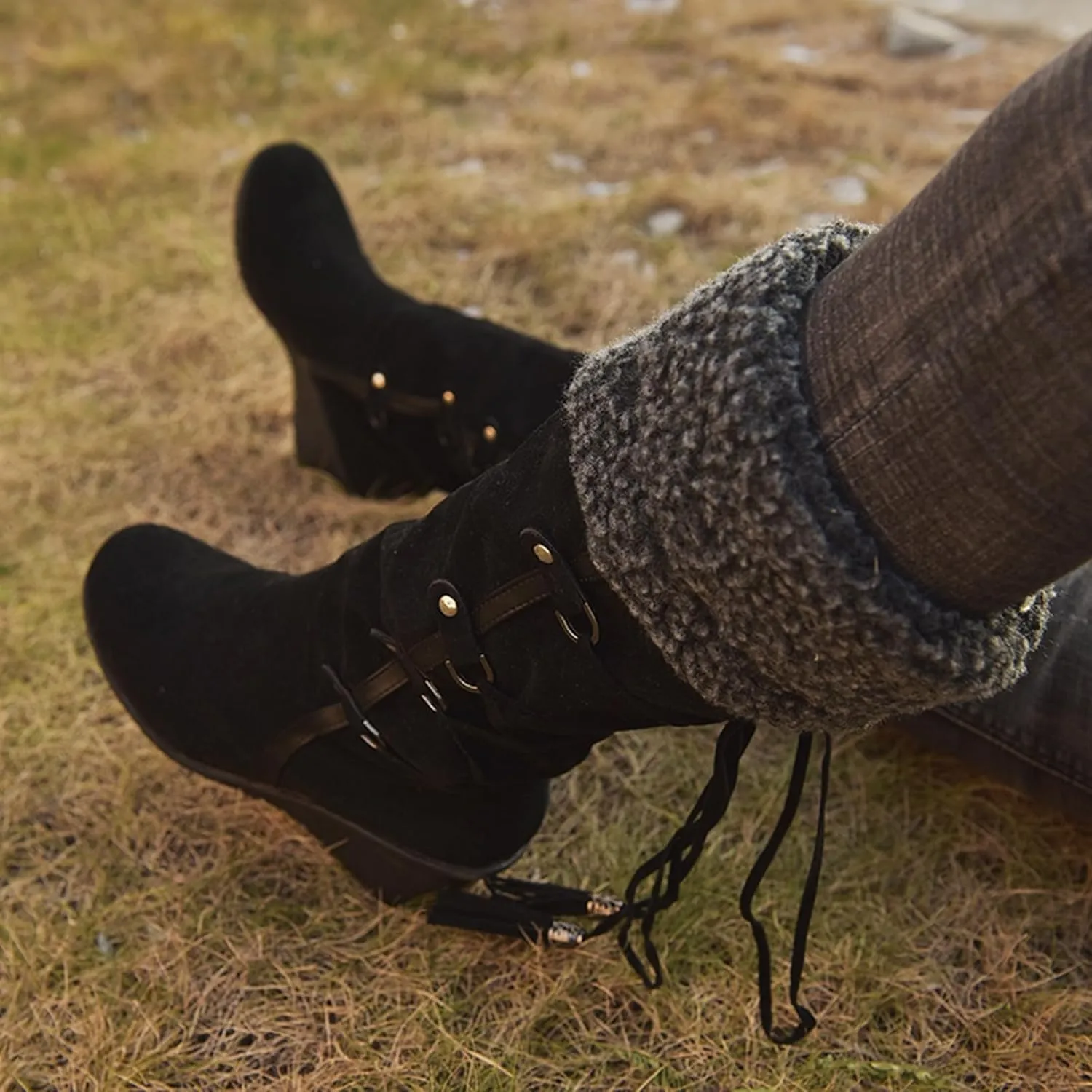 SACFOF Women's Knee High Boots Fleece Suede Slouch Winter Snow Booties Shoes Outdoor Winter Round Toe Wedge Boots