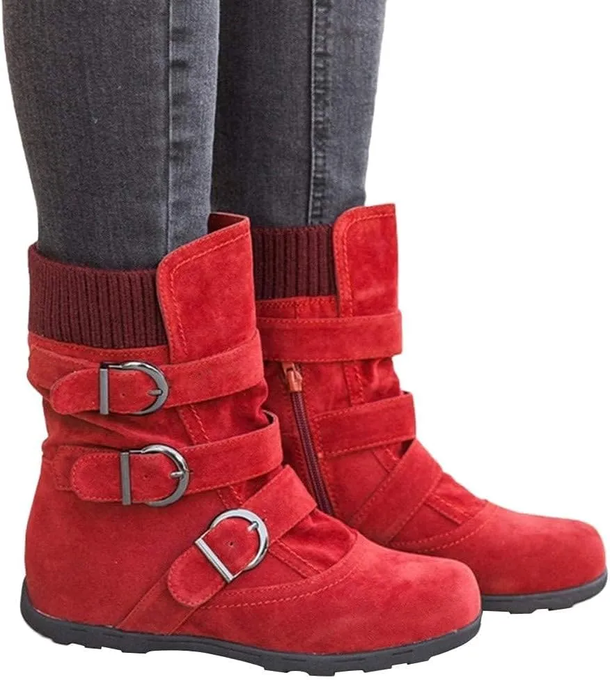 SACFOF Women's Mid Calf Fashion Winter Snow Boots Outdoor Suede Slouch Snow Booties Shoes Side Zipper Wedge Ankle Boots