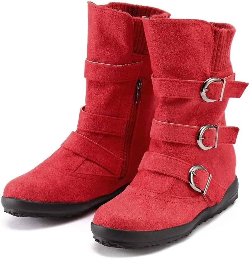SACFOF Women's Mid Calf Fashion Winter Snow Boots Outdoor Suede Slouch Snow Booties Shoes Side Zipper Wedge Ankle Boots