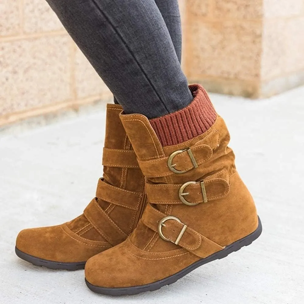 SACFOF Women's Mid Calf Fashion Winter Snow Boots Outdoor Suede Slouch Snow Booties Shoes Side Zipper Wedge Ankle Boots