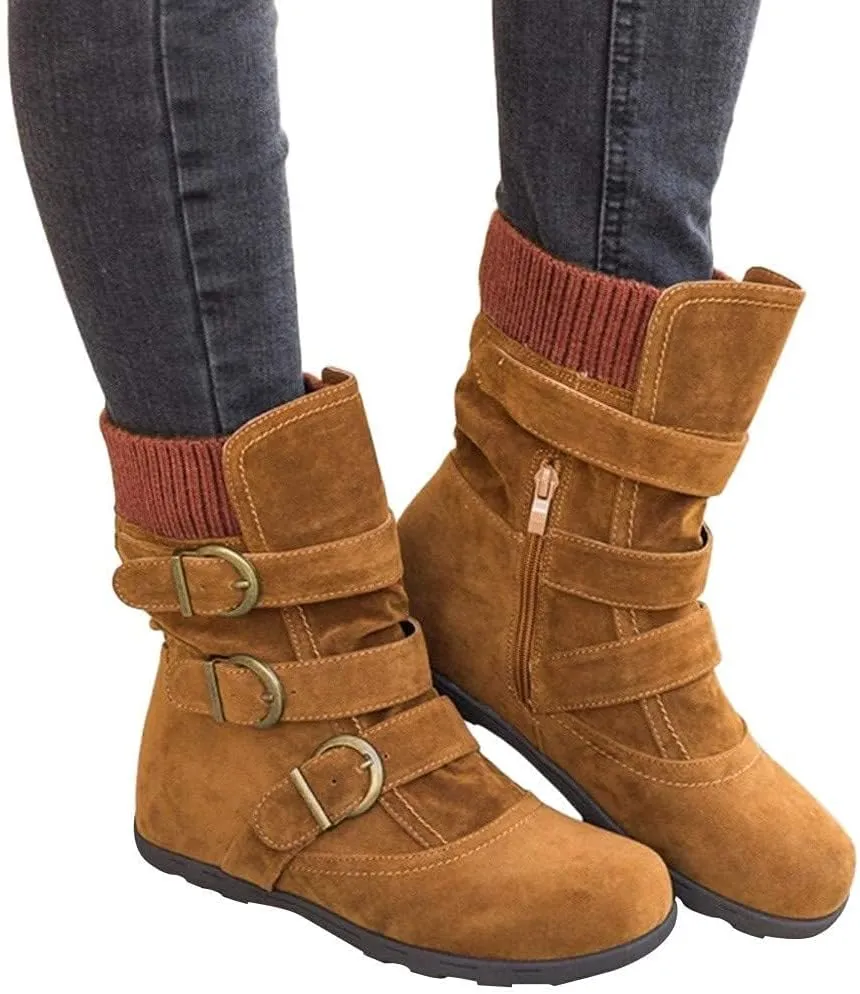 SACFOF Women's Mid Calf Fashion Winter Snow Boots Outdoor Suede Slouch Snow Booties Shoes Side Zipper Wedge Ankle Boots
