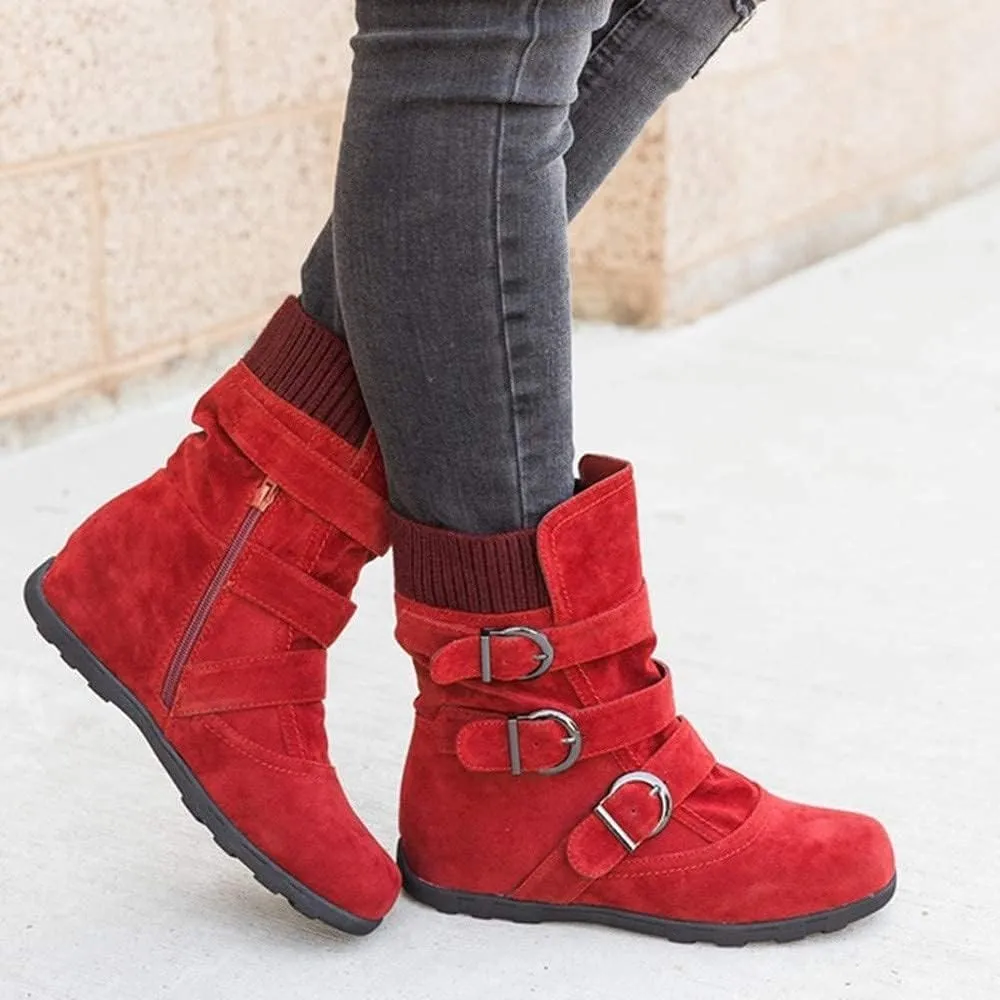 SACFOF Women's Mid Calf Fashion Winter Snow Boots Outdoor Suede Slouch Snow Booties Shoes Side Zipper Wedge Ankle Boots