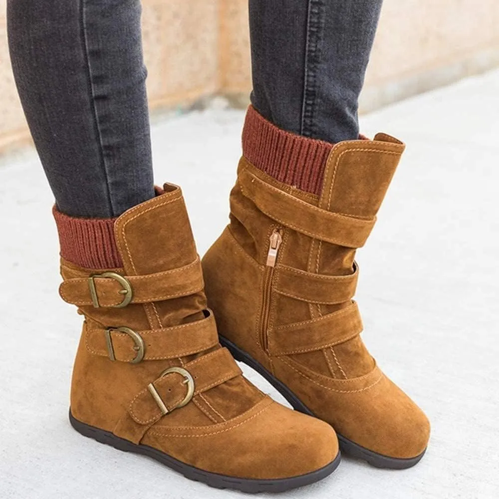 SACFOF Women's Mid Calf Fashion Winter Snow Boots Outdoor Suede Slouch Snow Booties Shoes Side Zipper Wedge Ankle Boots