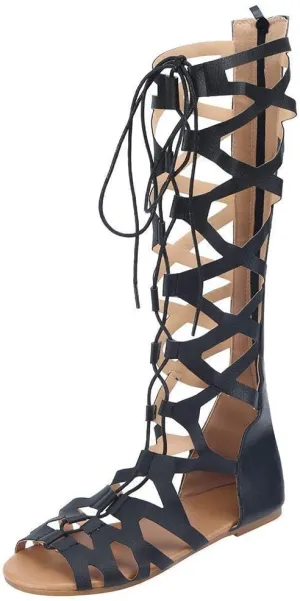 SACFOF Womens Open Toe Flat Gladiator Sandals,Strappy Summer Shoes for Women Flat Beach Lace Up Knee High Sandals