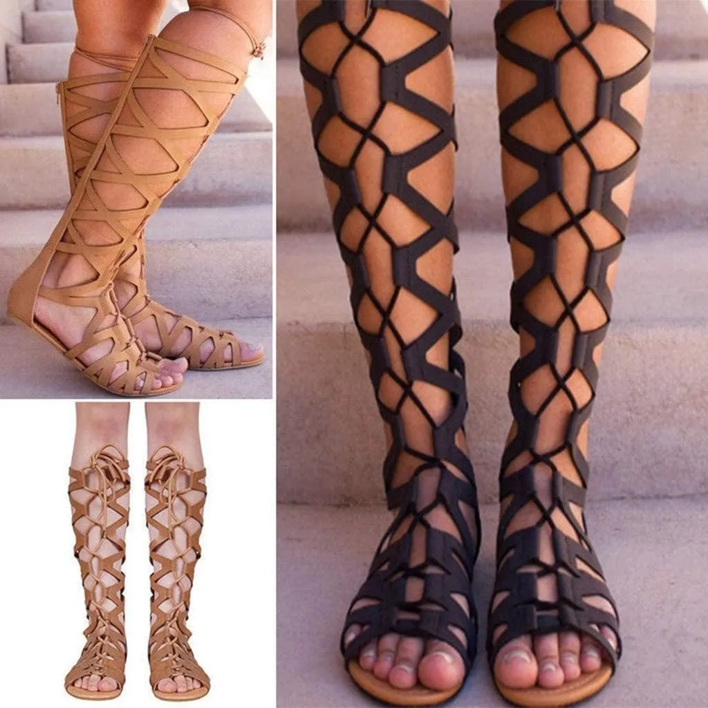 SACFOF Womens Open Toe Flat Gladiator Sandals,Strappy Summer Shoes for Women Flat Beach Lace Up Knee High Sandals