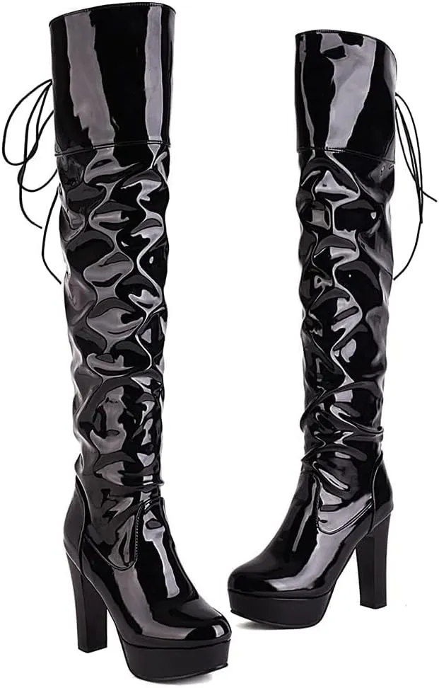 SACFOF Women's Over The Knee Boots Leather PU Chunky Block Heel Sexy Fashion Dress Wedding High Heels Thigh High Boots Long Boot