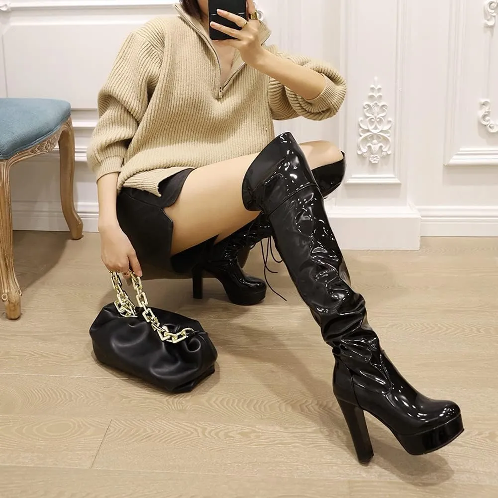 SACFOF Women's Over The Knee Boots Leather PU Chunky Block Heel Sexy Fashion Dress Wedding High Heels Thigh High Boots Long Boot