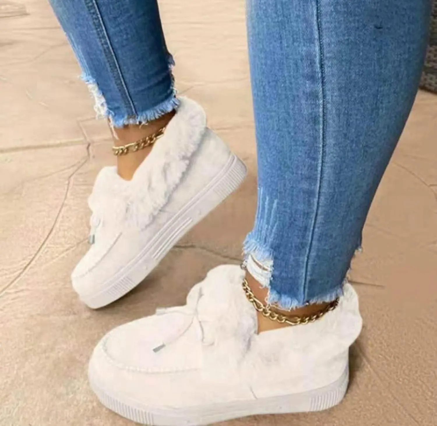 SACFOF Women's Winter Flat Boots Warm Durable Shoes Fur Lining Ankle Snow Boots Loafer Flats Platform Thick Plush Shoes