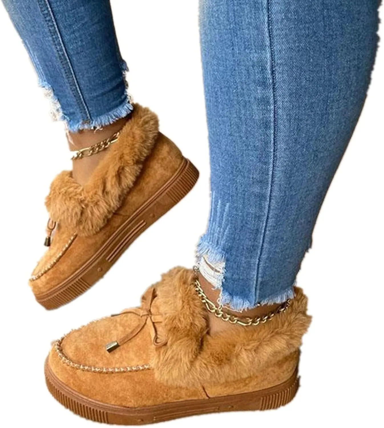 SACFOF Women's Winter Flat Boots Warm Durable Shoes Fur Lining Ankle Snow Boots Loafer Flats Platform Thick Plush Shoes