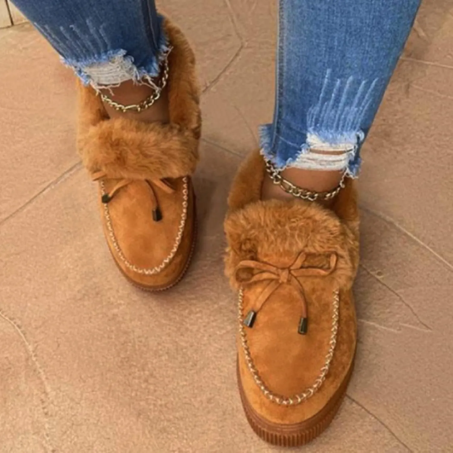 SACFOF Women's Winter Flat Boots Warm Durable Shoes Fur Lining Ankle Snow Boots Loafer Flats Platform Thick Plush Shoes