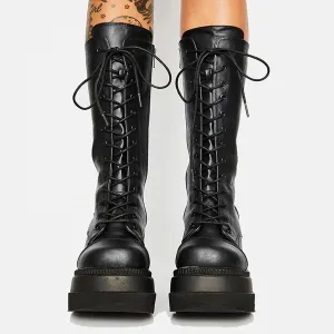 SACFOF Womes Platform Ankle Boots Chunky High Heel Booties Punk Goth Combat Boots Womens Lace Up Motorcycle Wedges Boots