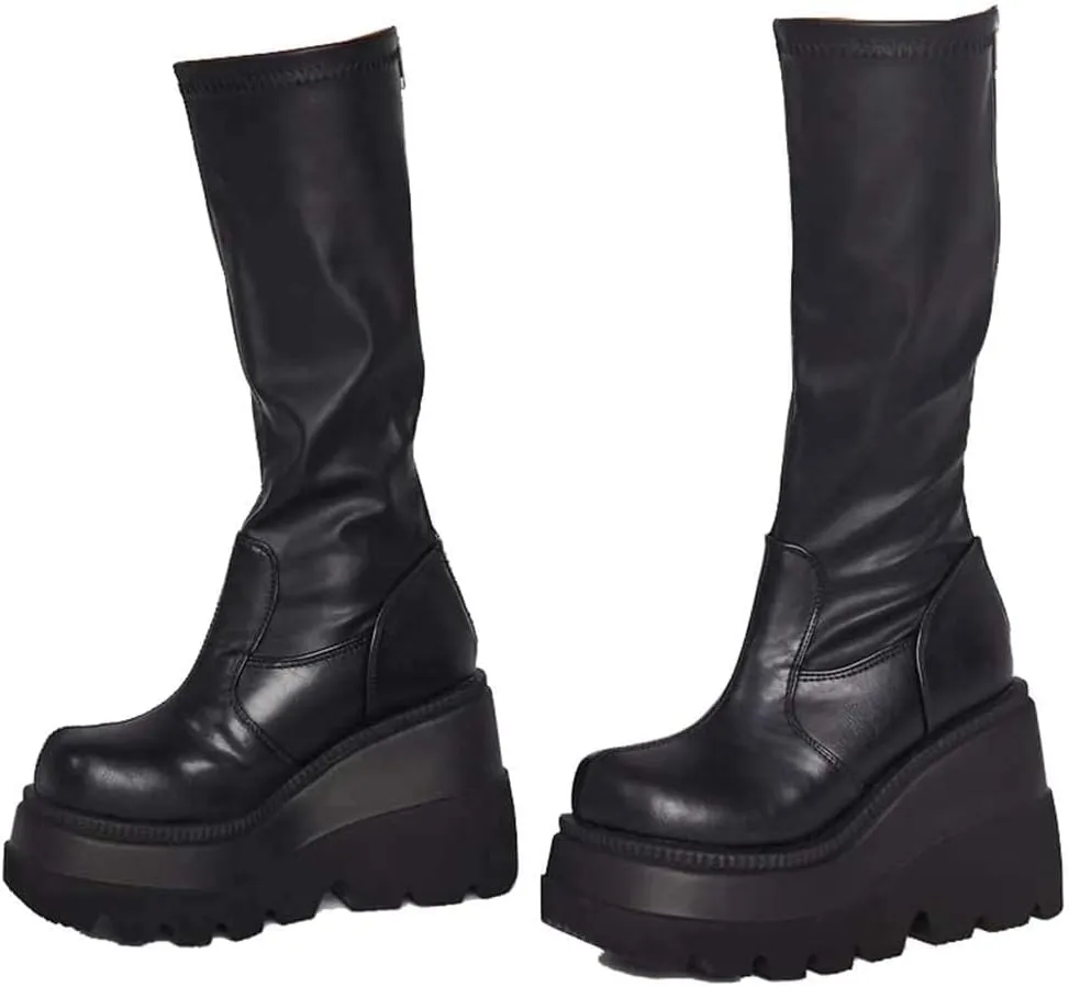 SACFOF Womes Platform Ankle Boots Chunky High Heel Booties Punk Goth Combat Boots Womens Lace Up Motorcycle Wedges Boots