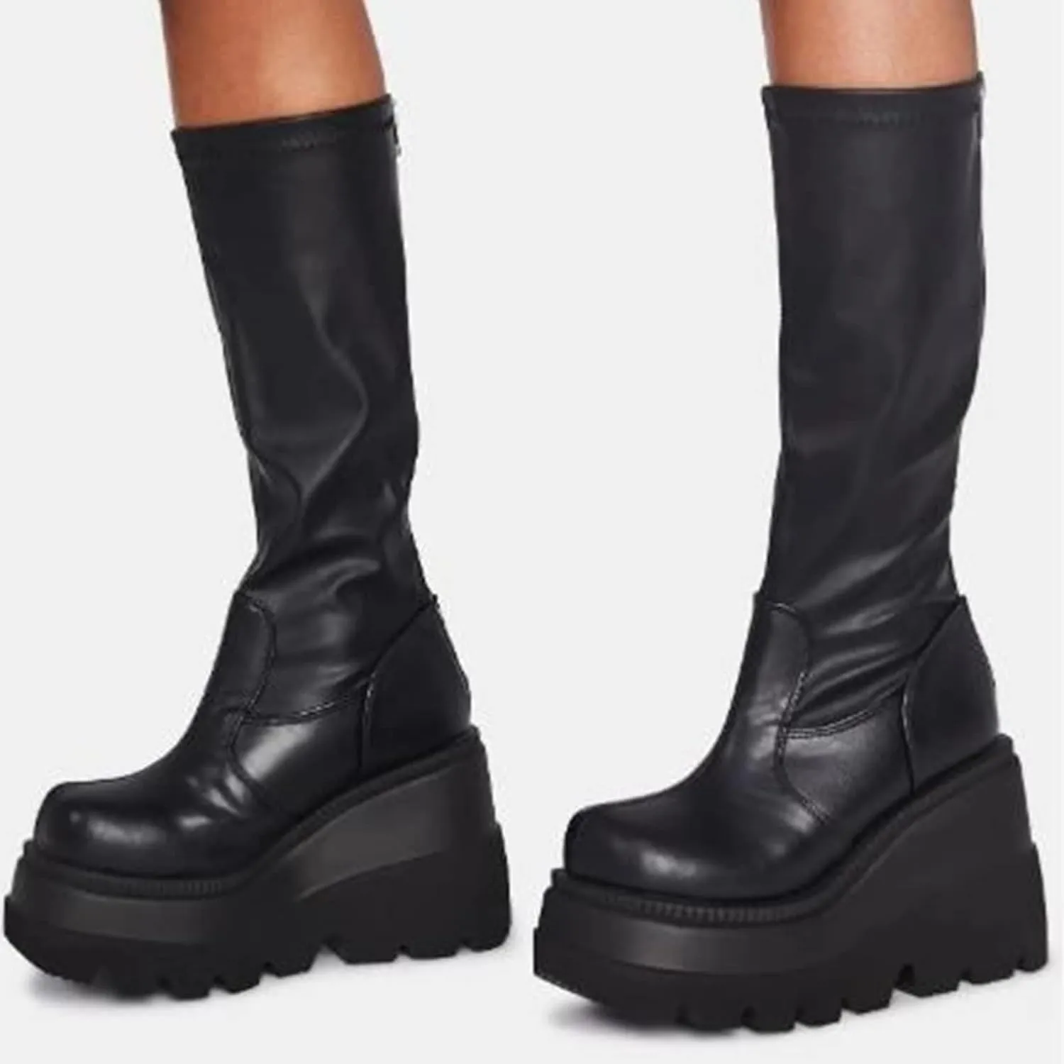 SACFOF Womes Platform Ankle Boots Chunky High Heel Booties Punk Goth Combat Boots Womens Lace Up Motorcycle Wedges Boots