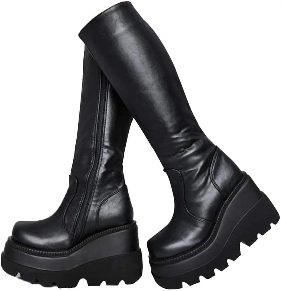 SACFOF Womes Platform Ankle Boots Chunky High Heel Booties Punk Goth Combat Boots Womens Lace Up Motorcycle Wedges Boots