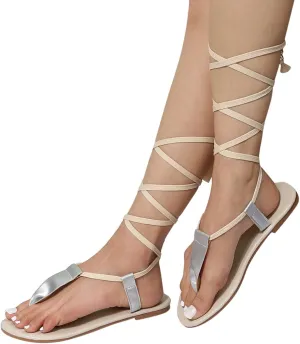 Sandals for Women Lace Up,Gladiator Sandals Flat Summer Beach Sandals Strappy Criss Cross Open Toe Knee High Flat Sandal