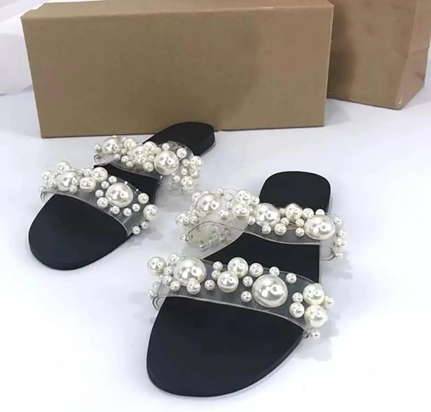 Sandals Slides for Women, Womens Pearl Decor Clear Double Straps Open Toe Sandals Dressy Summer Slip on Flats 2025