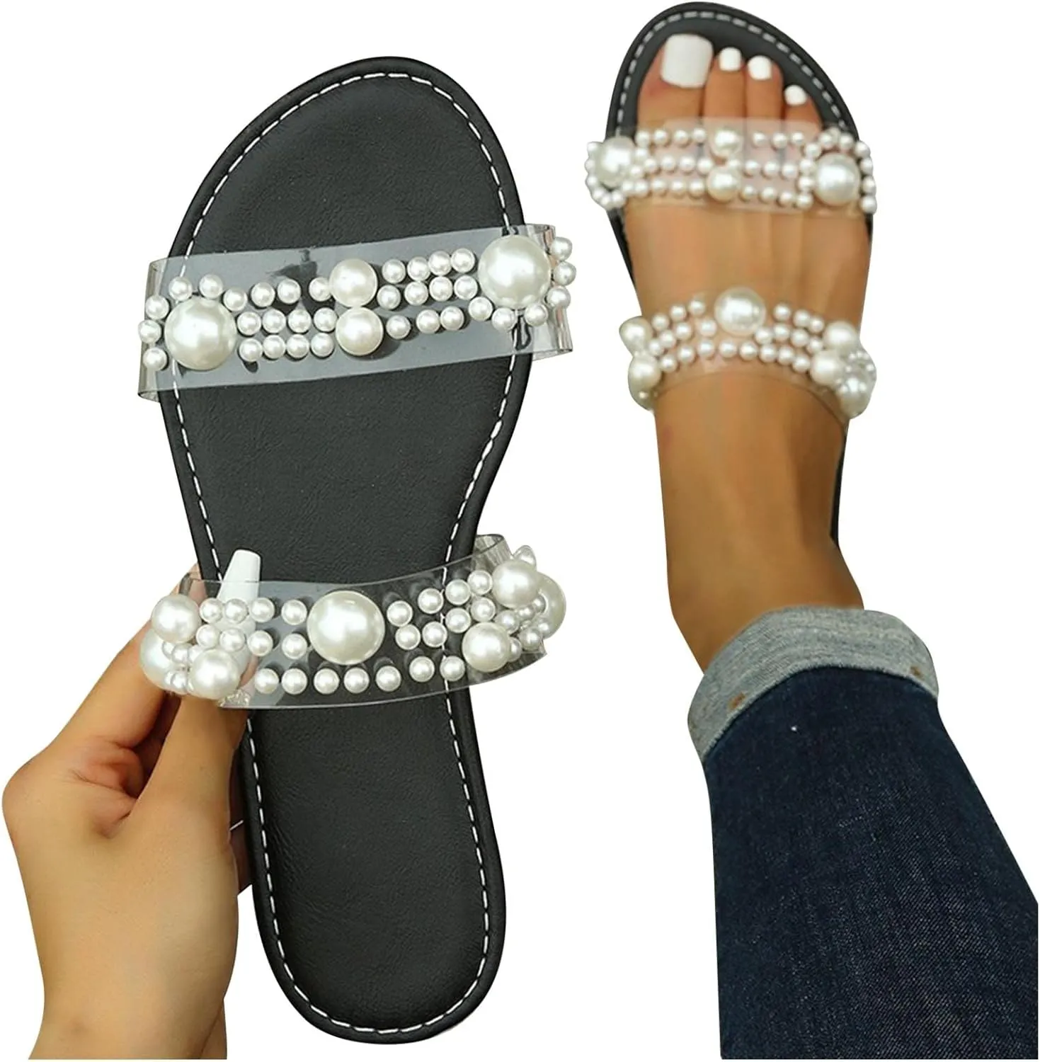 Sandals Slides for Women, Womens Pearl Decor Clear Double Straps Open Toe Sandals Dressy Summer Slip on Flats 2025