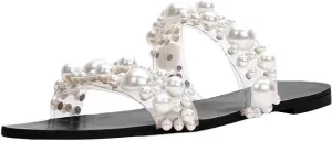 Sandals Slides for Women, Womens Pearl Decor Clear Double Straps Open Toe Sandals Dressy Summer Slip on Flats 2025