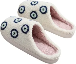 Sinzelimin Women's Fuzzy Scuff Slippers Cute Flower Embroidered Flip Flop Shoes Indoor Outdoor Non-slip Warm Slip-on Slippers
