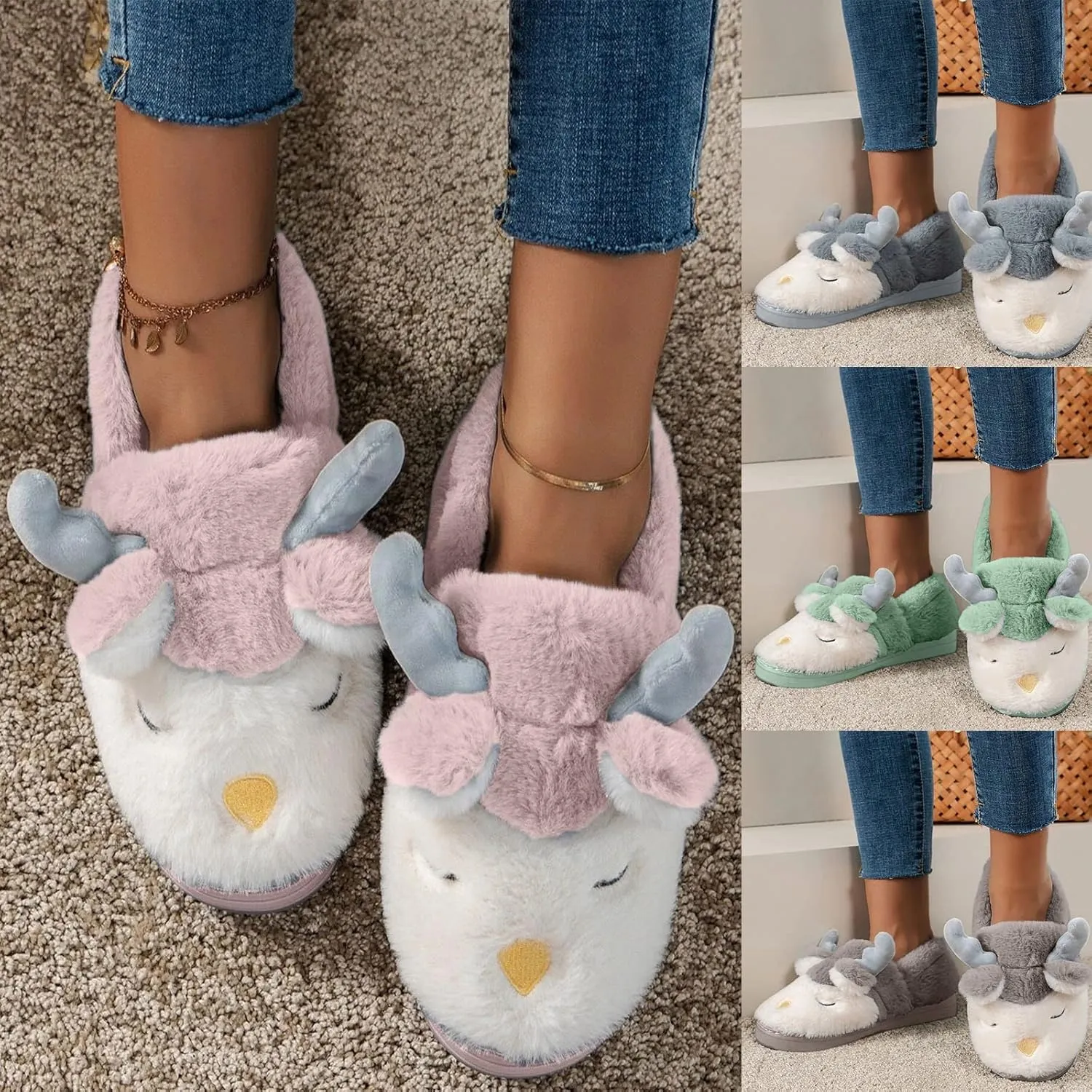 Slippers for Women Memory Foam,Fuzzy Slippers Boots Cozy Faux Fur House Shoes Rubber Sole Anti-Skid for Indoor Outdoor Use