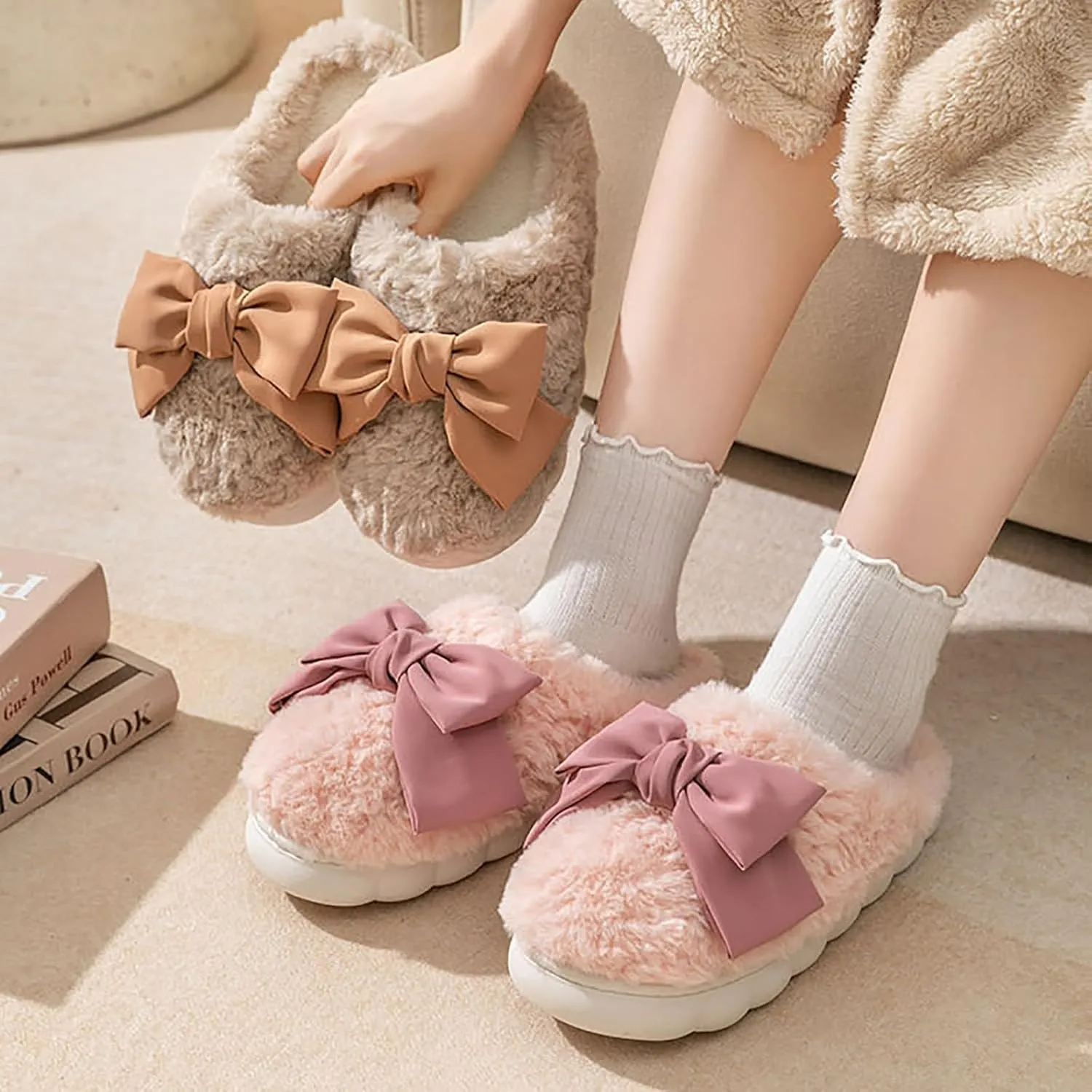 Slippers for Women Slip on Faux Fur Shoes Warm Winter Fluffy Comfy Slippers Fluffy Slide Sandals Indoor House Shoes