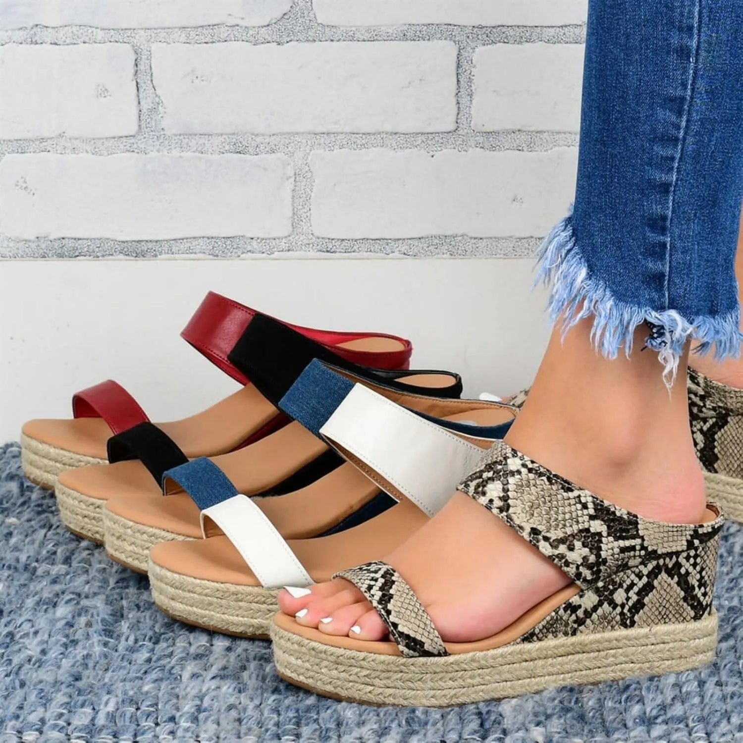 Smoneyful Women's Orthopedic Sandals Casual Summer Dressy Open Toe Platform Wedge Buckle Ankle Strap Leather Espadrilles Beach Heels Strappy Slip on Low Heel Flats Chelsea Sandals