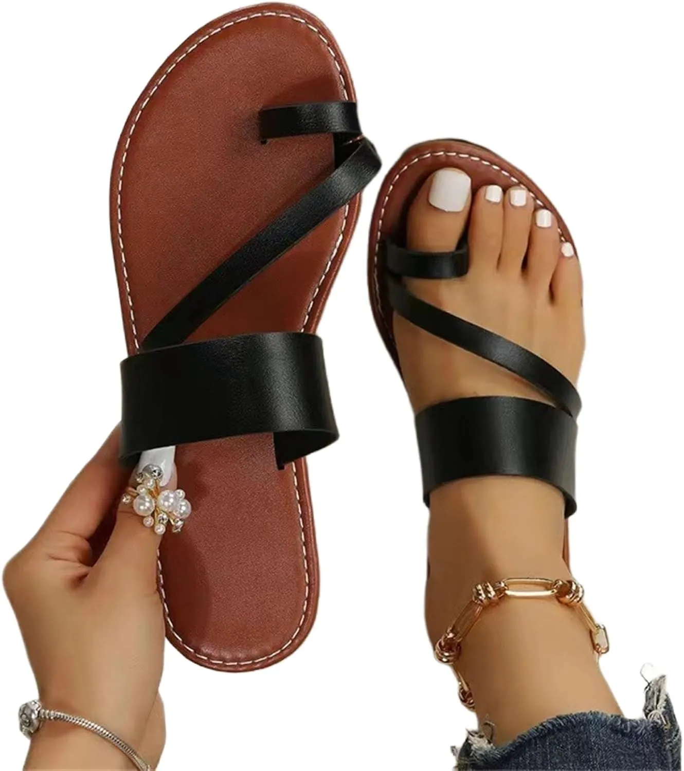 Smoneyful Womens Summer Casual Flat Sandals Vintage Straps Toe Ring Slip On Lightweight Comfortable Outdoor Ladies Beach Adjustable Hook Loop Dressy