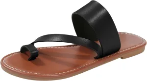 Smoneyful Womens Summer Casual Flat Sandals Vintage Straps Toe Ring Slip On Lightweight Comfortable Outdoor Ladies Beach Adjustable Hook Loop Dressy