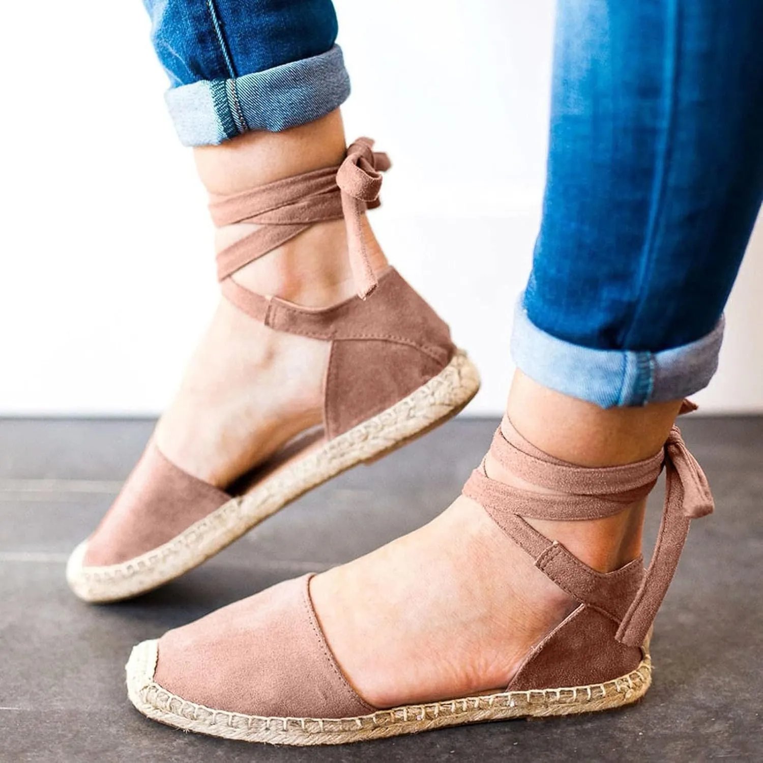 Smoneyful Women's Summer Close Toed Flat Strap Lace Up Linen Vintage Cover Heel Espadrille Straw Solid Closed Covered Toe Beach Sandals