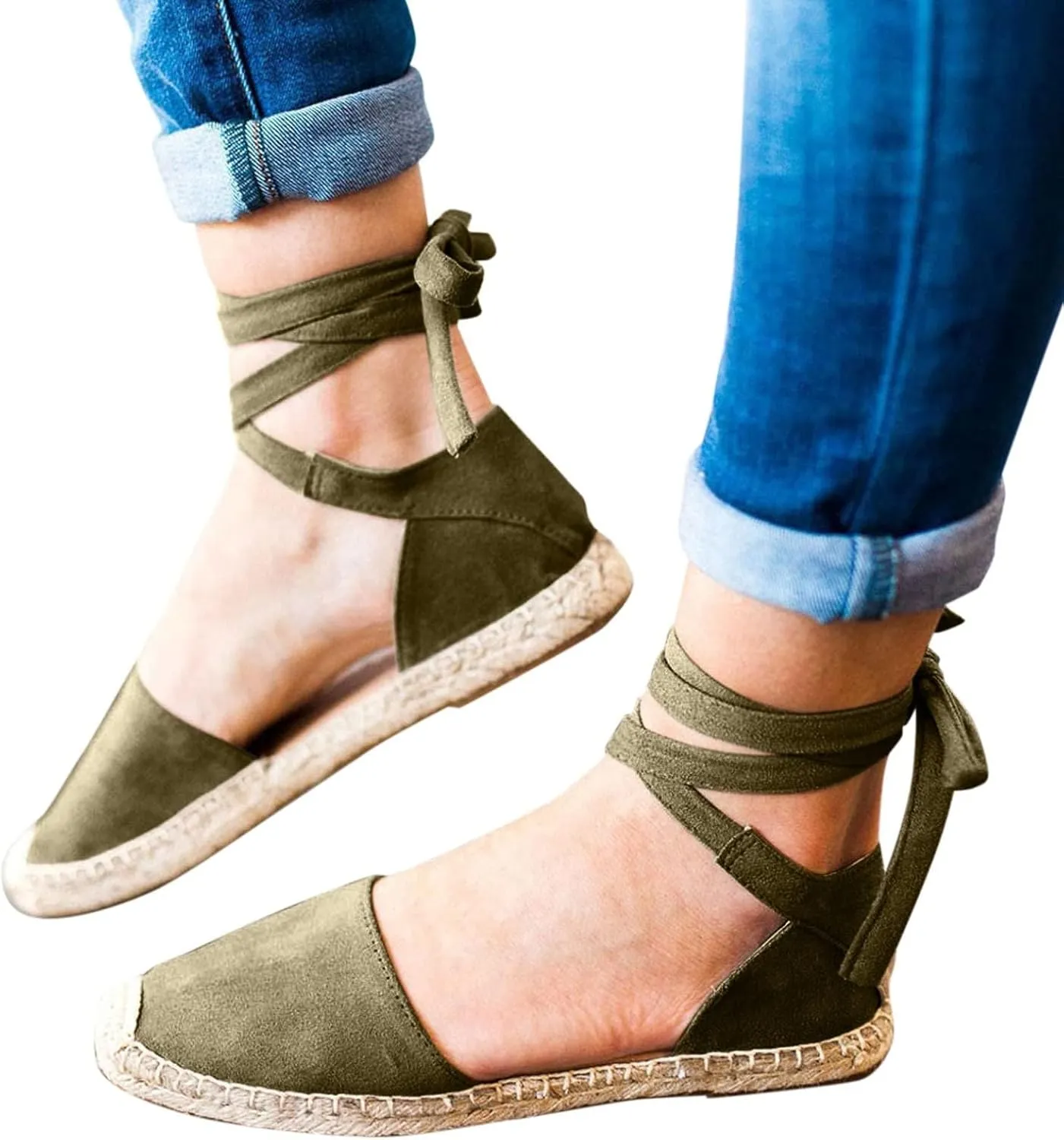 Smoneyful Women's Summer Close Toed Flat Strap Lace Up Linen Vintage Cover Heel Espadrille Straw Solid Closed Covered Toe Beach Sandals