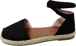 Smoneyful Women's Summer Close Toed Flat Strap Lace Up Linen Vintage Cover Heel Espadrille Straw Solid Closed Covered Toe Beach Sandals