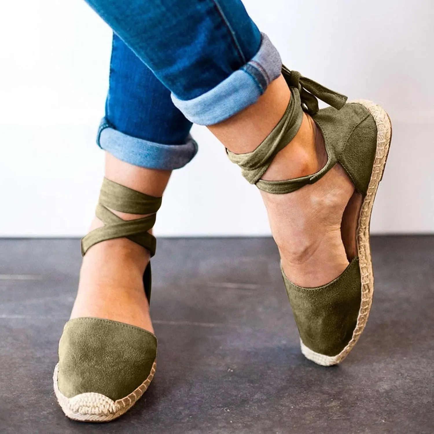 Smoneyful Women's Summer Close Toed Flat Strap Lace Up Linen Vintage Cover Heel Espadrille Straw Solid Closed Covered Toe Beach Sandals