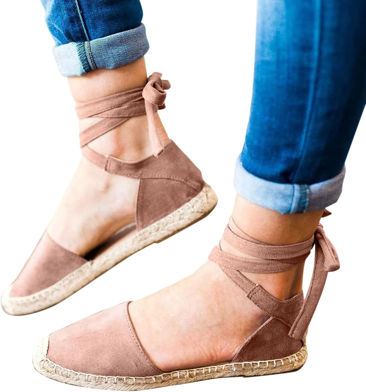 Smoneyful Women's Summer Close Toed Flat Strap Lace Up Linen Vintage Cover Heel Espadrille Straw Solid Closed Covered Toe Beach Sandals