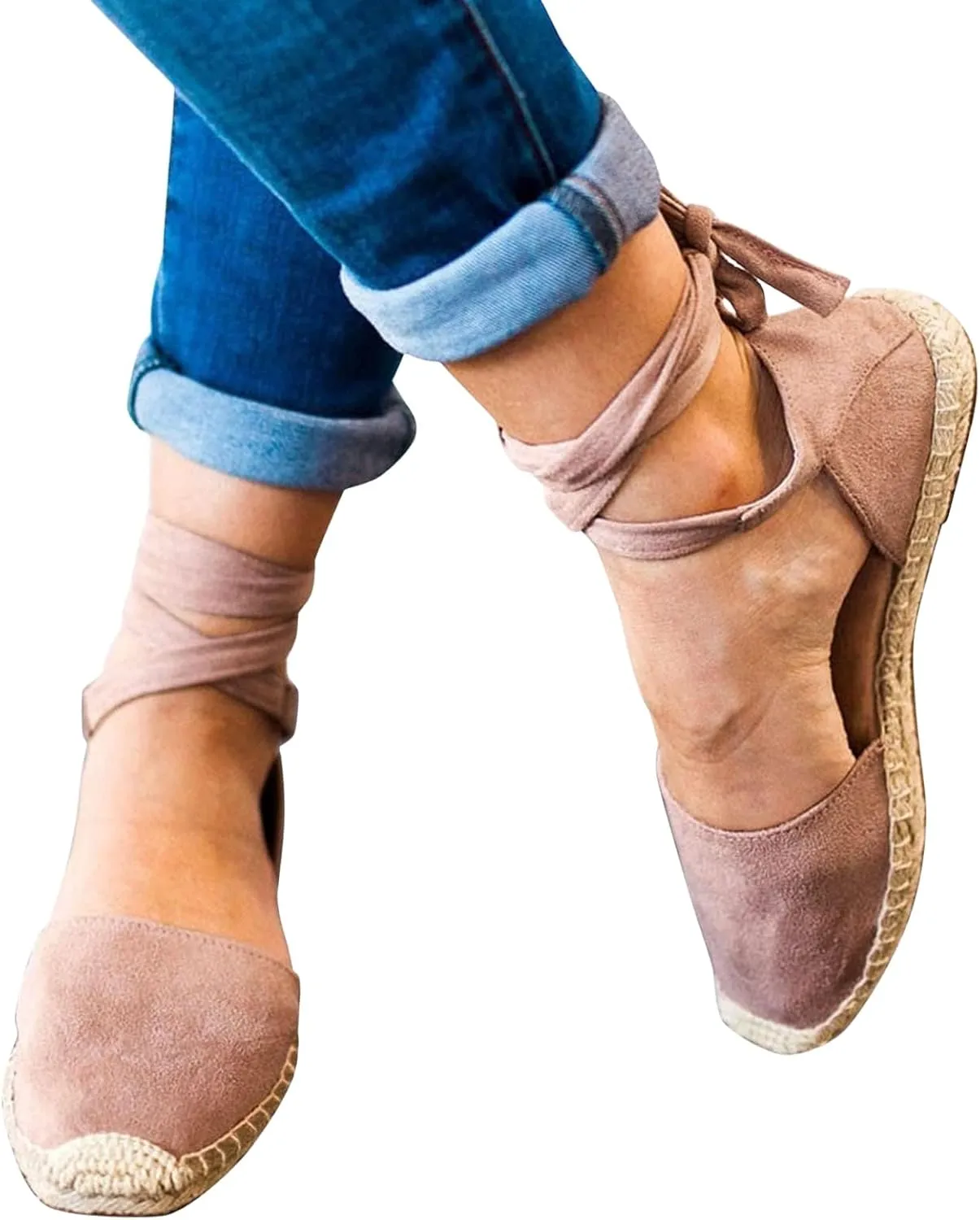 Smoneyful Women's Summer Close Toed Flat Strap Lace Up Linen Vintage Cover Heel Espadrille Straw Solid Closed Covered Toe Beach Sandals