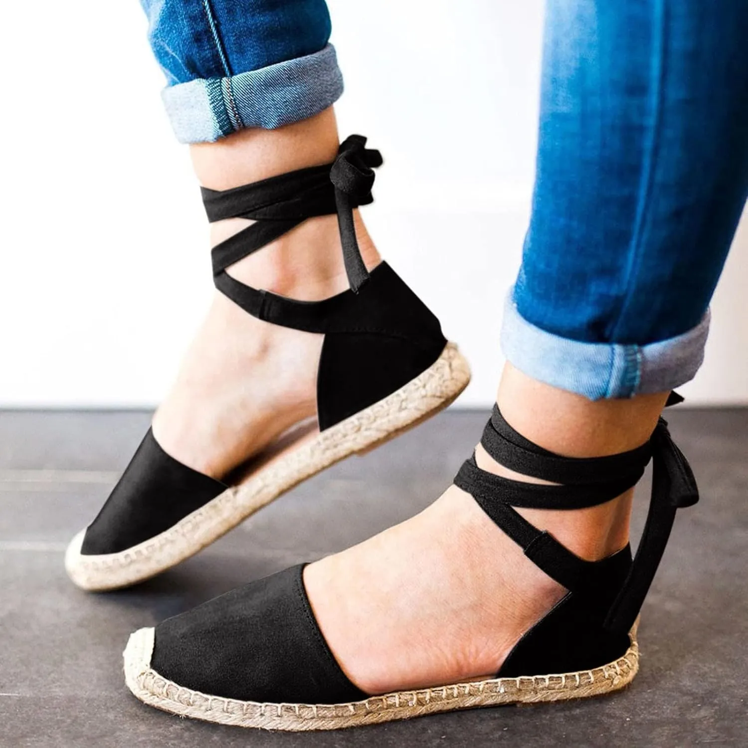 Smoneyful Women's Summer Close Toed Flat Strap Lace Up Linen Vintage Cover Heel Espadrille Straw Solid Closed Covered Toe Beach Sandals