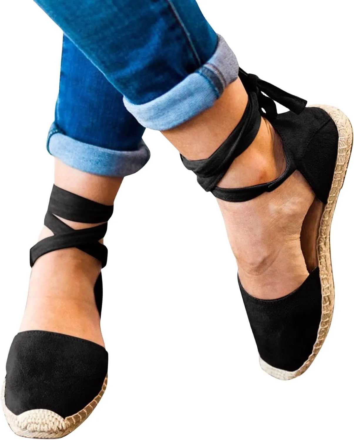 Smoneyful Women's Summer Close Toed Flat Strap Lace Up Linen Vintage Cover Heel Espadrille Straw Solid Closed Covered Toe Beach Sandals