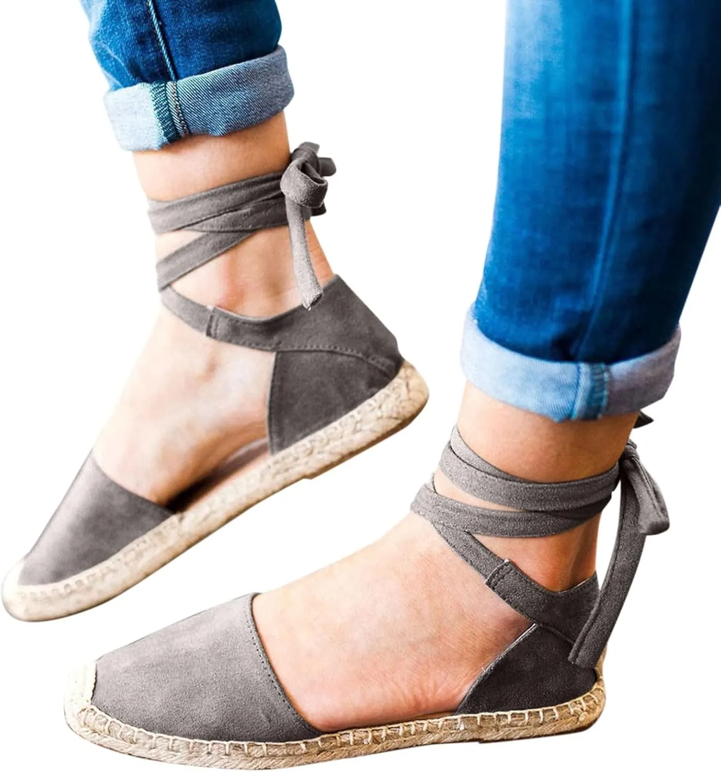 Smoneyful Women's Summer Close Toed Flat Strap Lace Up Linen Vintage Cover Heel Espadrille Straw Solid Closed Covered Toe Beach Sandals