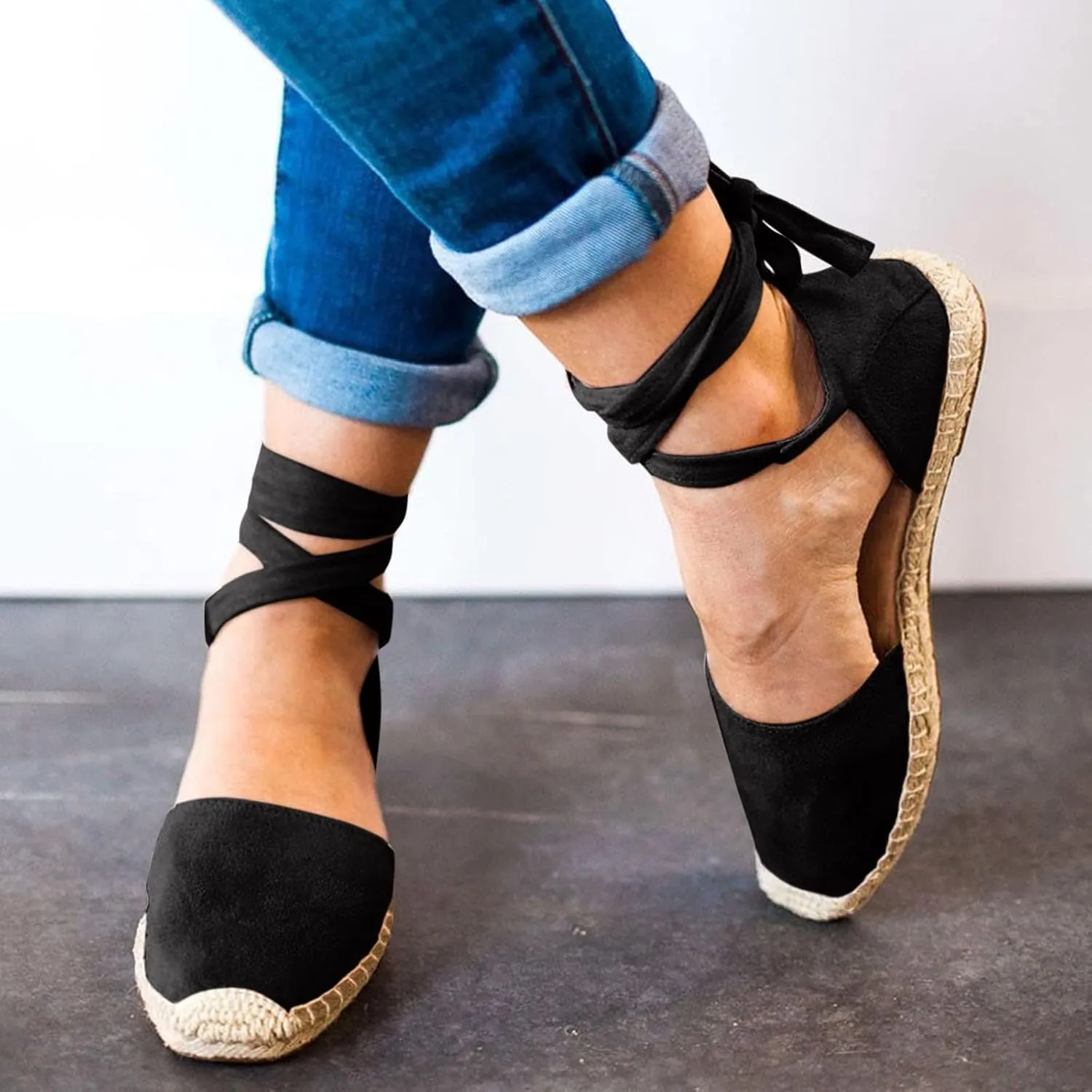 Smoneyful Women's Summer Close Toed Flat Strap Lace Up Linen Vintage Cover Heel Espadrille Straw Solid Closed Covered Toe Beach Sandals