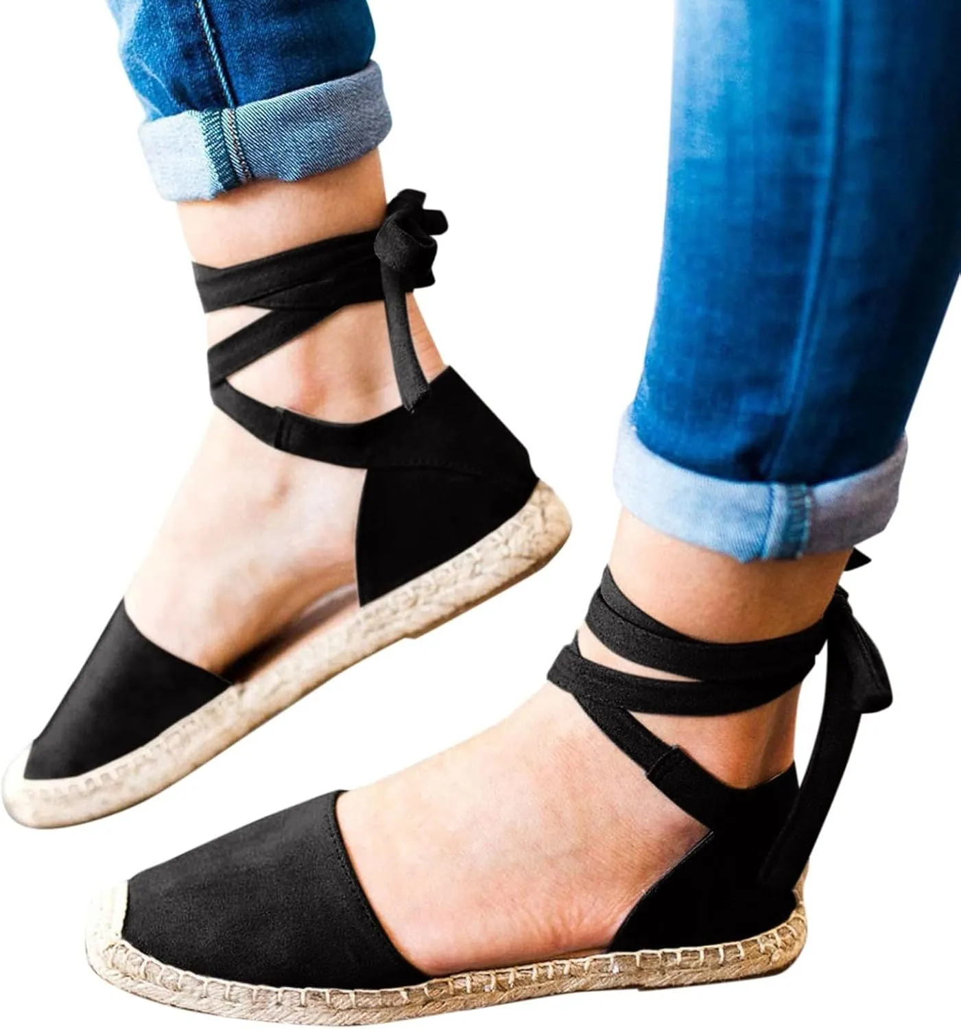 Smoneyful Women's Summer Close Toed Flat Strap Lace Up Linen Vintage Cover Heel Espadrille Straw Solid Closed Covered Toe Beach Sandals