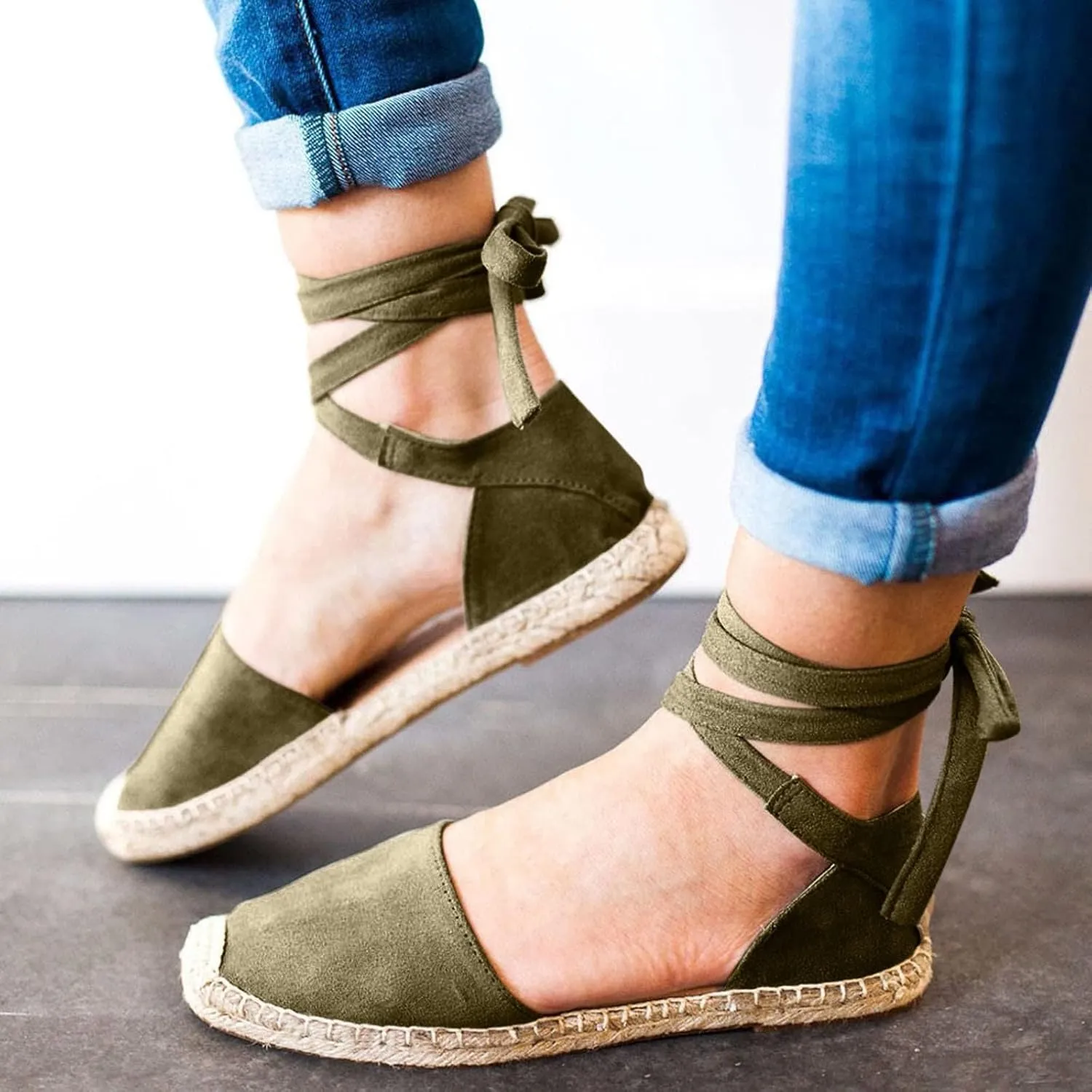 Smoneyful Women's Summer Close Toed Flat Strap Lace Up Linen Vintage Cover Heel Espadrille Straw Solid Closed Covered Toe Beach Sandals
