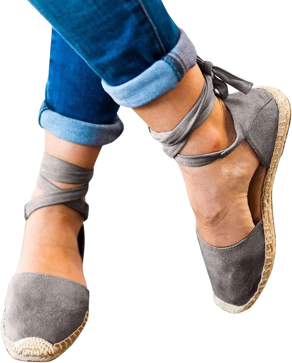 Smoneyful Women's Summer Close Toed Flat Strap Lace Up Linen Vintage Cover Heel Espadrille Straw Solid Closed Covered Toe Beach Sandals