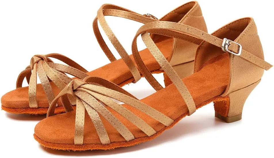 SWDZM Girls Latin Dance Shoes Satin Suede Sole Ballroom Salsa Tango Professional Performance Practice Dance Shoes