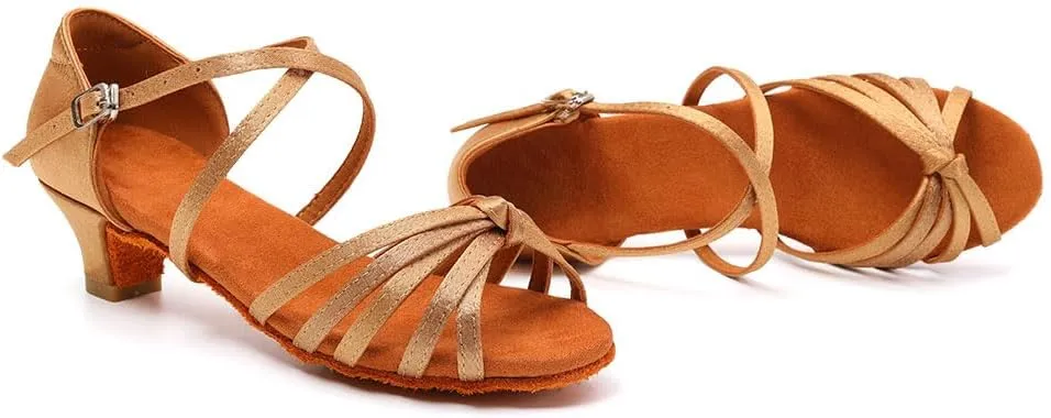 SWDZM Girls Latin Dance Shoes Satin Suede Sole Ballroom Salsa Tango Professional Performance Practice Dance Shoes