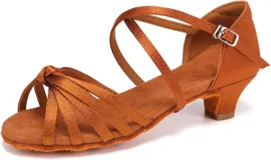 SWDZM Girls Latin Dance Shoes Satin Suede Sole Ballroom Salsa Tango Professional Performance Practice Dance Shoes