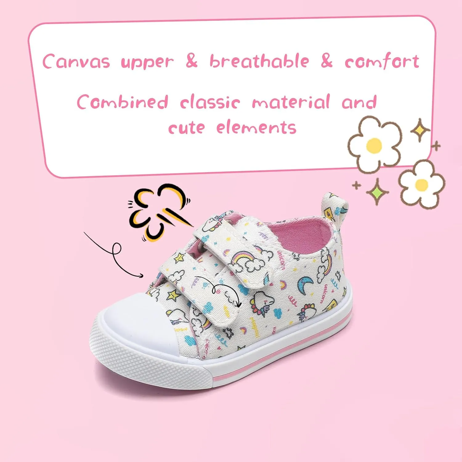 Toddler Girls Boys Shoes Kids Canvas Sneakers with Cartoon Print Adjustable Velcro Strap